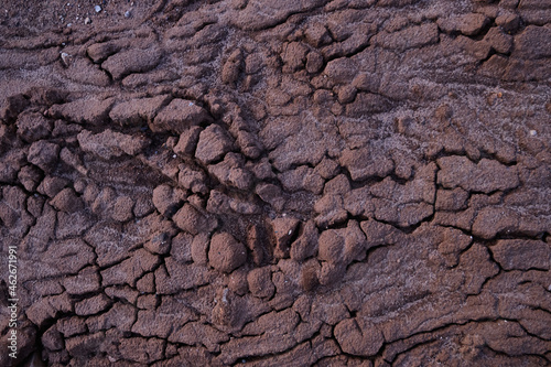 The texture of cracked, dried sand or clay after heavy rain. The soil is red with deep cracks. Damaged non-fertile soil