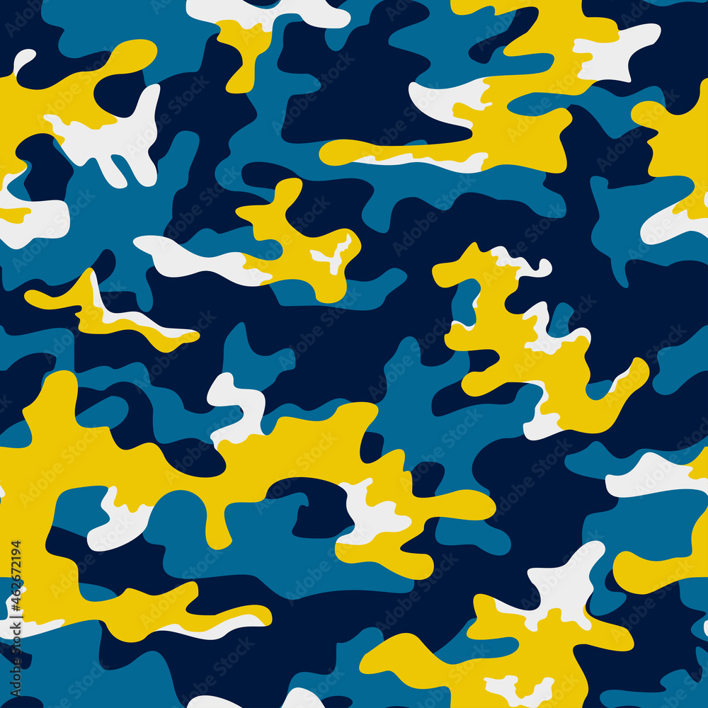 Vector blue camouflage pattern, yellow spots, vector illustration, trendy  print. Stock Vector