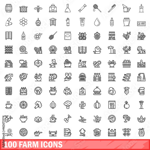 100 farm icons set. Outline illustration of 100 farm icons vector set isolated on white background