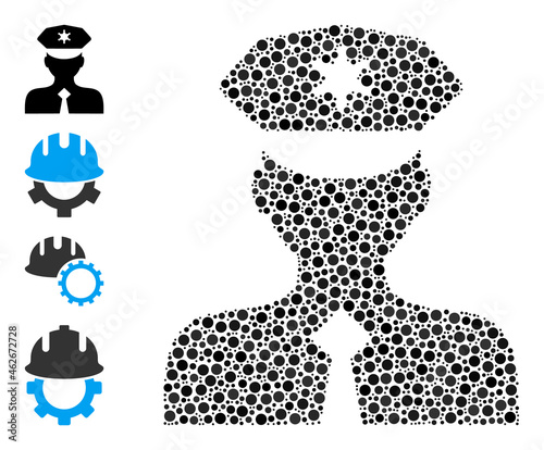 Rounded dot mosaic police officer. Vector mosaic is based on police officer icon, and constructed of randomized circle elements. Vector icon of police officer constructed of scattered round elements.
