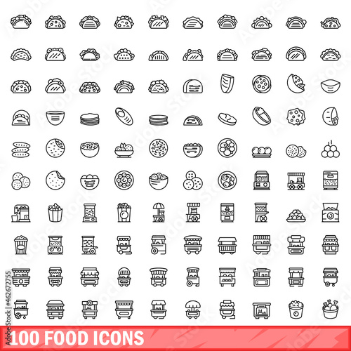 100 food icons set. Outline illustration of 100 food icons vector set isolated on white background