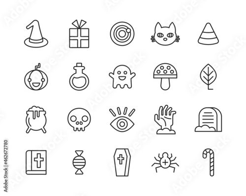 Halloween line set. Vector  collection with pumpkin, spider, cat, skull, candy, ghost, zombie hand, cat. Editable stroke.