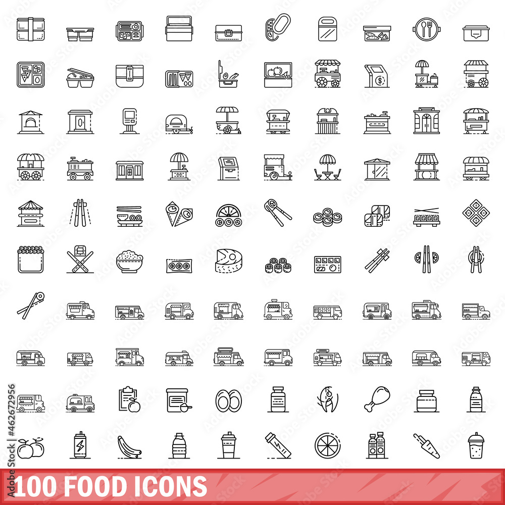 100 food icons set. Outline illustration of 100 food icons vector set isolated on white background 100 food icons set. Outline illustration of 100 food icons vector set isolated on white background