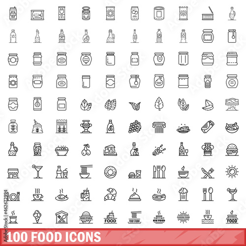 100 food icons set. Outline illustration of 100 food icons vector set isolated on white background