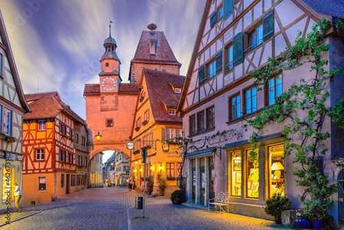 Medieval City of Rothenburg ob der Tauber, Roedergasse with Martinsturm, Germany