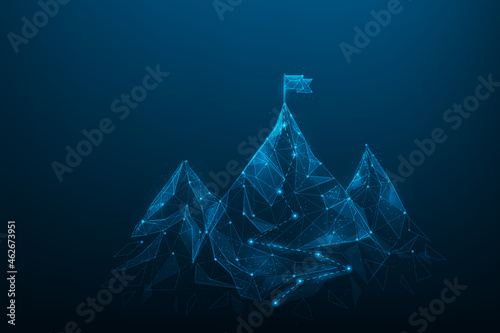 business route to success low poly wireframe. flag on the top mountain. vector illustration futuristic. successful mission. goal and achievement concept. consisting of points, lines, and triangle.