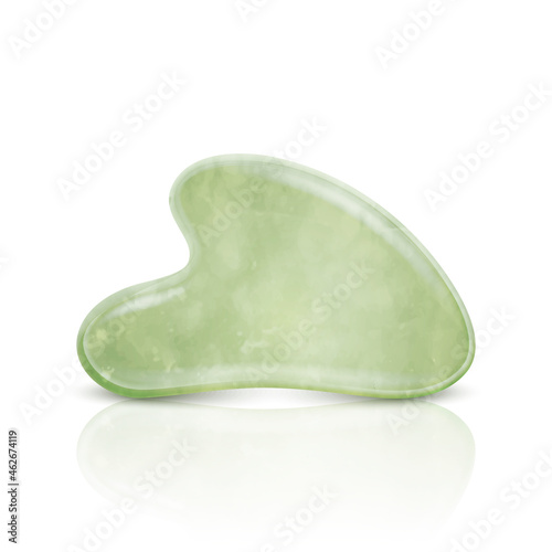 Vector 3d Realistic Gua Sha, Jade Roller, Scraping Massage Tool. Natural Green Quartz Stone Scraper. Chinese Traditional Woman Facial Lifting. Front View