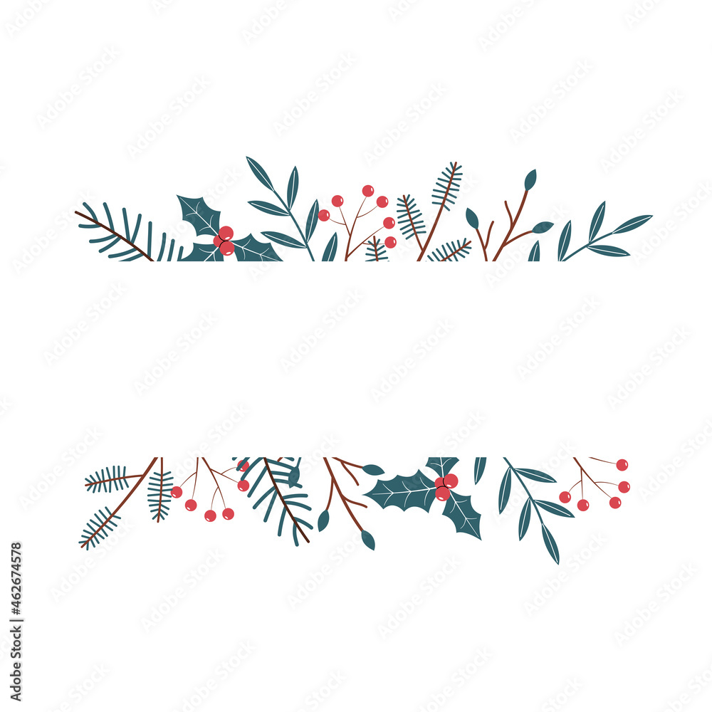 Horizontal border border with winter plants with space for text. Vector element in aesthetic style. Fir branches, berries and leaves on a white background. Horizontal border border with winter plants with space for text. Vector element in aesthetic style. Fir branches, berries and leaves on a white background.