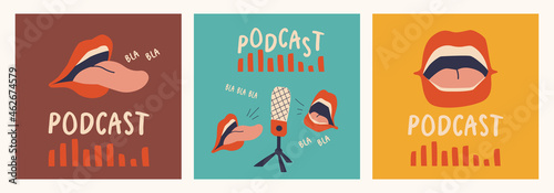 Set of cover template for podcast show or channel. Open speaking mouth with red lips, studio microphone, equalizer. Trend vector design. photo