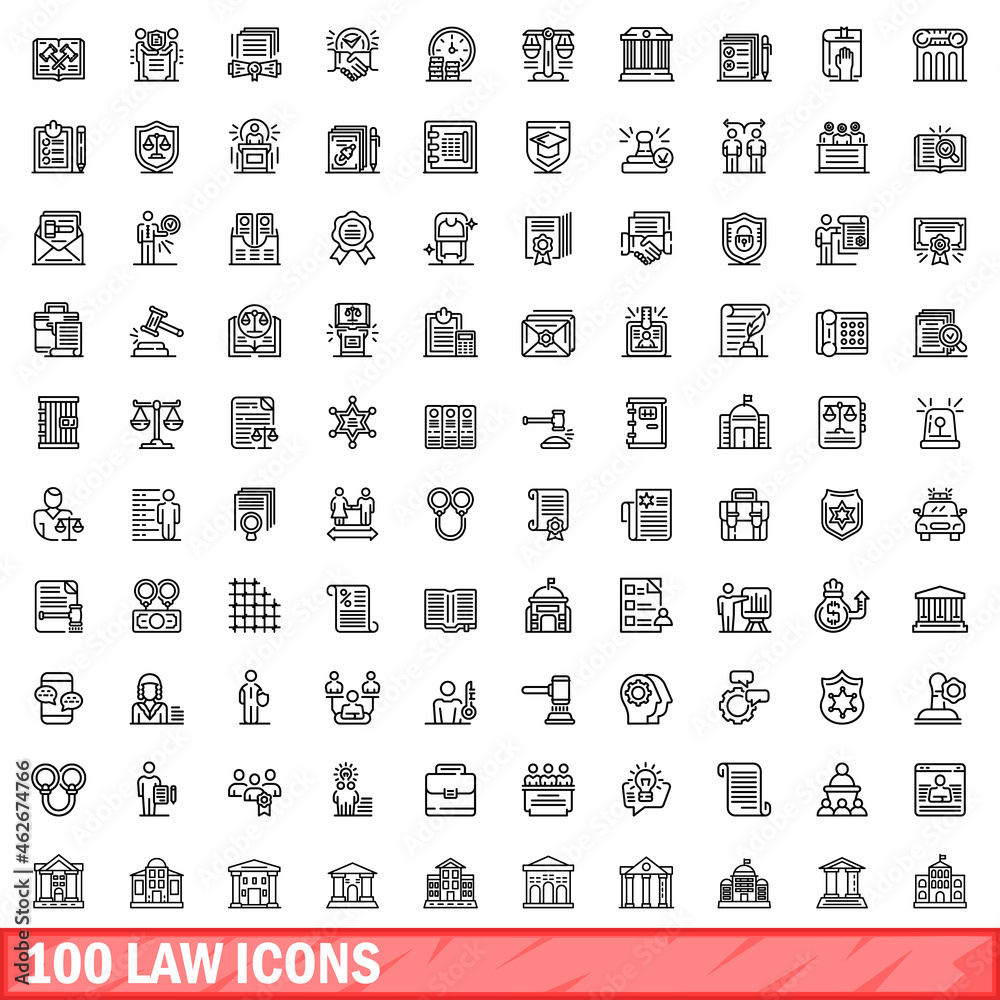 100 law icons set. Outline illustration of 100 law icons vector set isolated on white background