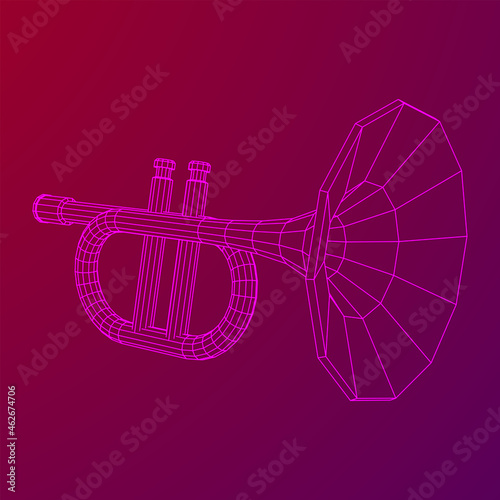 Trumpet pipe fife musiacal instrument. Wireframe low poly mesh vector illustration.