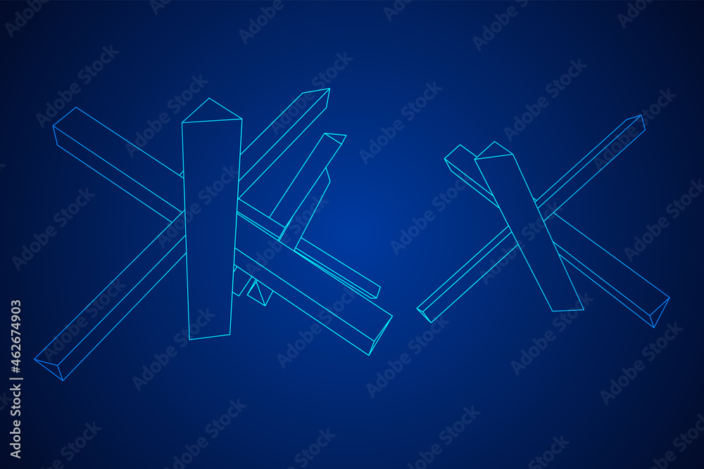Hedgehog antitank defence. Wireframe low poly mesh vector illustration.