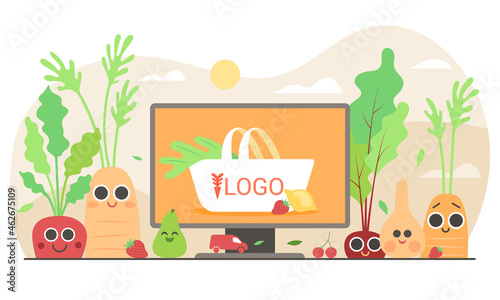 Grande illustration de landing page pour site internet, produits frais et bio, vente en ligne de légumes et fruits, livraison à domicile, personnages mignons avec de grands yeux, agriculture locale