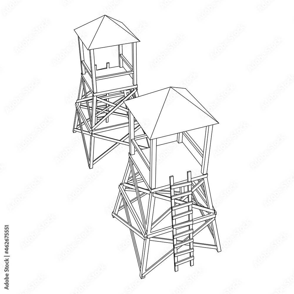 Watchtower or observation tower for hunters. Wireframe low poly mesh vector illustration. Watchtower or observation tower for hunters. Wireframe low poly mesh vector illustration.