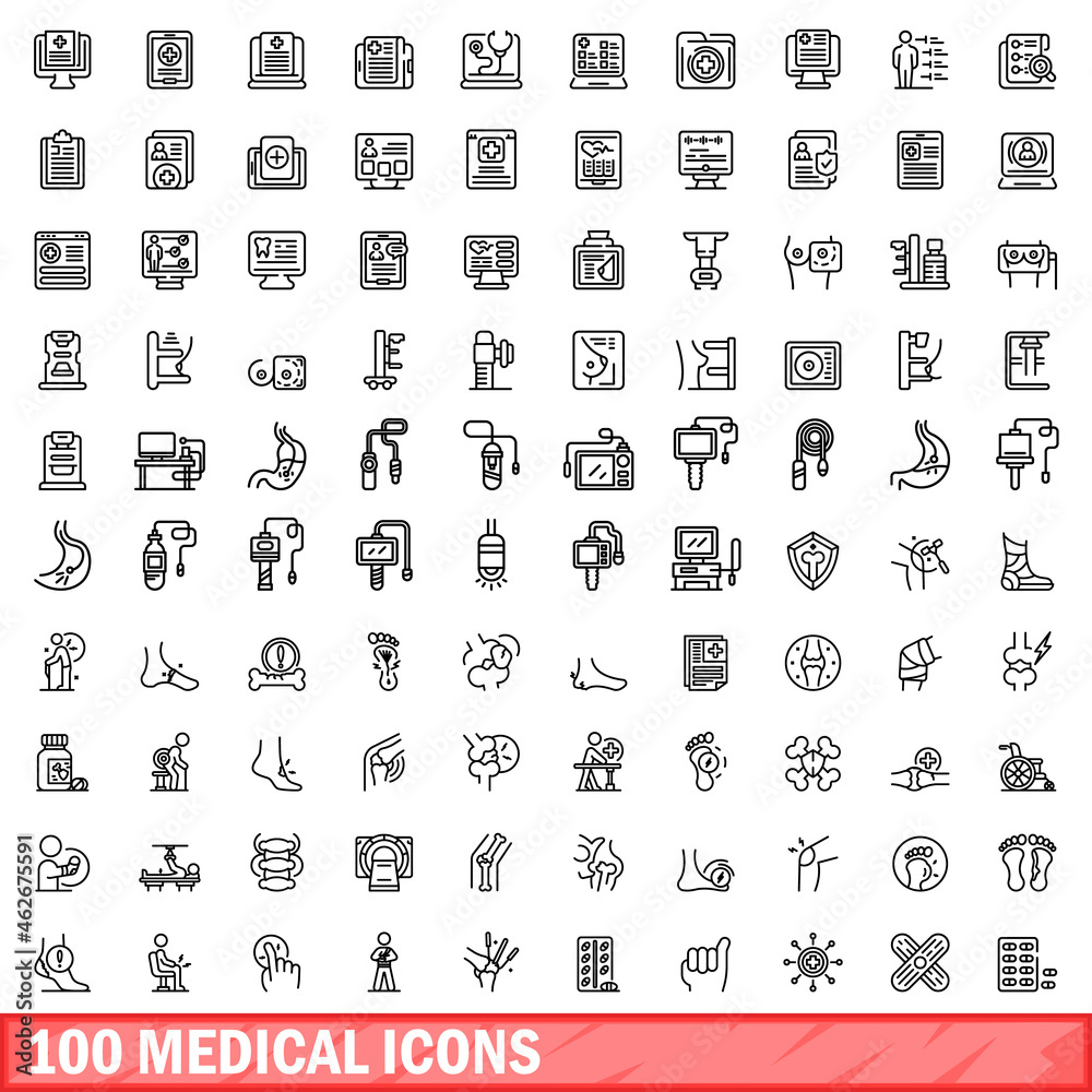 Fototapeta 100 medical icons set. Outline illustration of 100 medical icons vector set isolated on white background