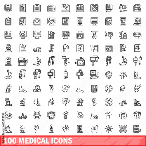 100 medical icons set. Outline illustration of 100 medical icons vector set isolated on white background