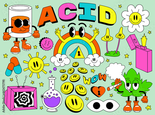 Acid abstract characters and objects. In a cartoon style, a set of bright psychedelics, all elements are isolated