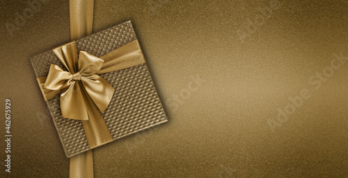 merry christmas gift card with gift brown golden box with ribbon bow, isolated on glitter background, top view and copy space template, layout for best wishes or mother, father day shopping concept