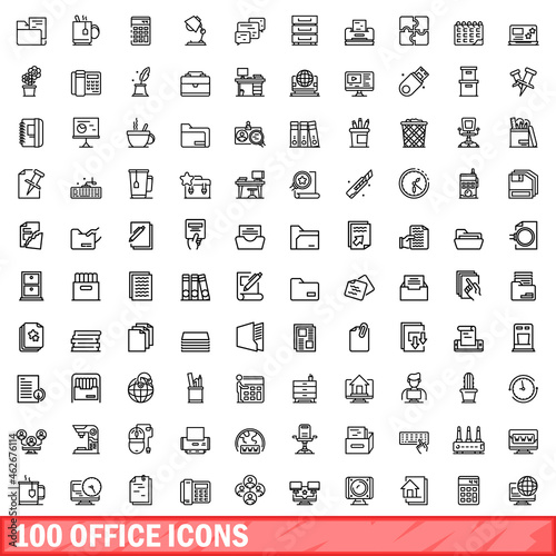 100 office icons set. Outline illustration of 100 office icons vector set isolated on white background