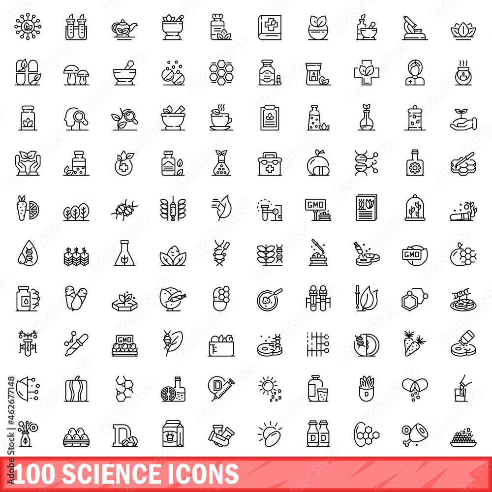 100 science icons set. Outline illustration of 100 science icons vector set isolated on white background - obrazy, fototapety, plakaty 