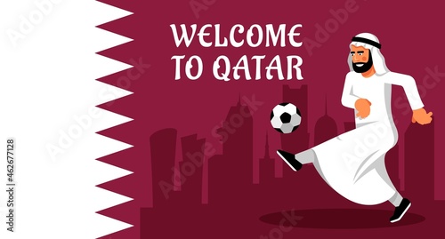Arab man with soccer ball on Qatar flag background. Middle eastern football. Football world championship in Qatar. Vector illustration.