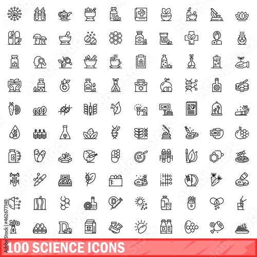100 science icons set. Outline illustration of 100 science icons vector set isolated on white background