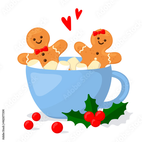 Hot Christmas drink with marshmallows and biscuits. cartoon-style illustration.