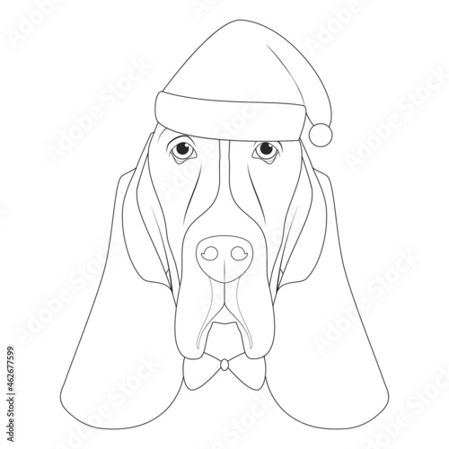 Christmas greeting card for coloring. Basset Hound dog with Santa's hat and bow tie