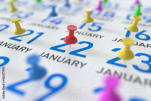 January 22 date and push pin on a calendar, 3D rendering