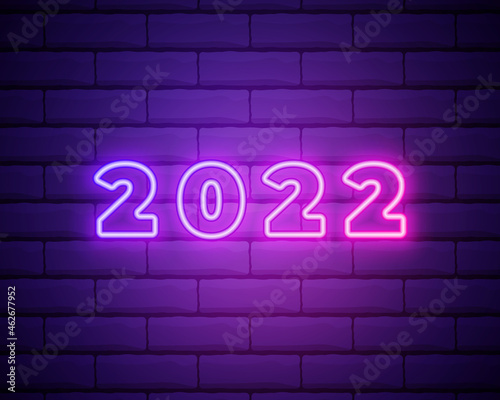2022 neon signboard. Happy New Year. Realistic pink neon numbers on dark brick wall. Vector 2022 in neon linear style.