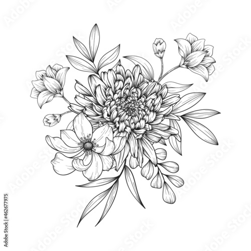 Hand drawn floral boutique drawing illustration isolated on white background.