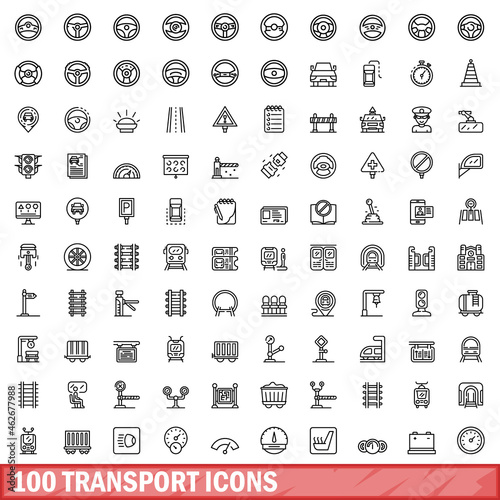 100 transport icons set. Outline illustration of 100 transport icons vector set isolated on white background