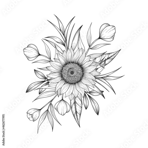 Hand drawn floral boutique drawing illustration isolated on white background.