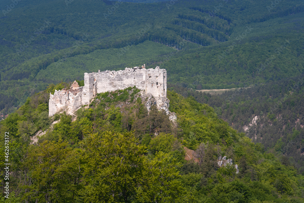 Ruins of medieval castle Uhrovec. Slovakia. Tourist attraction, tourism destination. Slovak historical castles, chateaus and churches.