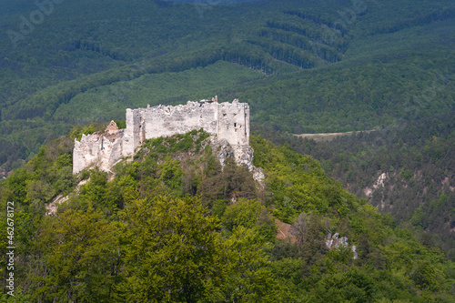 Ruins of medieval castle Uhrovec. Slovakia. Tourist attraction, tourism destination. Slovak historical castles, chateaus and churches.