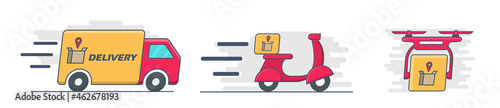 Delivery transport icon set, scooter, bus, drone. Delivery service express. Logistic icon for app in linear with color style.