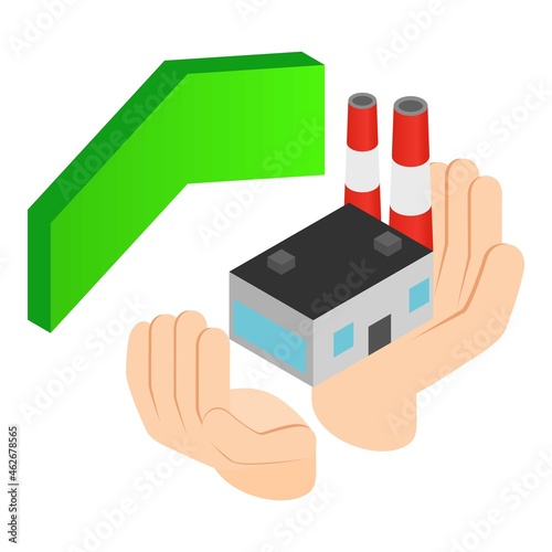 Industrial insurance icon isometric vector. Human hand holds power plant, arrow. Industrial development, production, growth