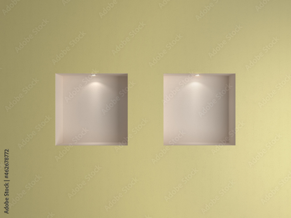 3D illustration of 2 white empty niches with spotlight illumination in light yellow wall. Ready for the insertion of your content
