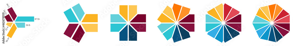Obraz premium Rectangles divided into two parts connected in centre arranged to form symmetrical shape, can be used as infographics element, version with three to eight segments