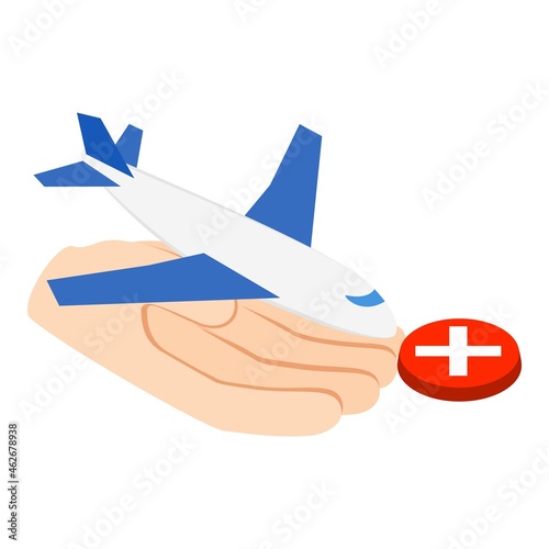 Aviation insurance icon isometric vector. Human hand holding plane, red button. Travel insurance, protection concept