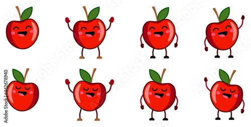Cute kawaii style red apple fruit icon, eyes closed, smiling mouth open. Version with hands raised, down and waving
