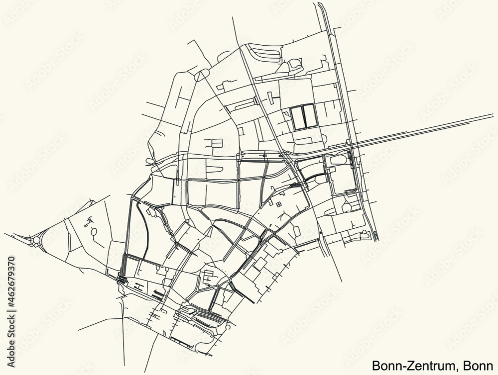 Detailed navigation urban street roads map on vintage beige background of the quarter Bonn-Zentrum sub-district of the German capital city of Bonn, Germany