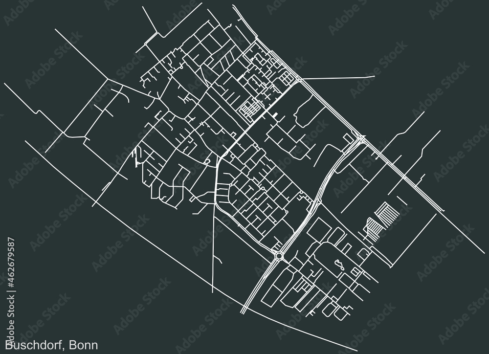 Detailed negative navigation urban street roads map on dark gray background of the quarter Buschdorf sub-district of the German capital city of Bonn, Germany