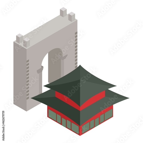 Korea landmark icon isometric vector. Gyeongbokgung palace and triumph arch icon. Traditional korean architecture, monumental structure