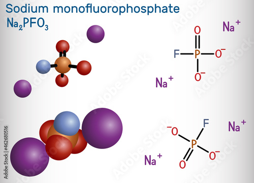 Sodium monofluorophosphate, MFP, Na2PO3F molecule. It is inorganic phosphate, antibacterial agent, protect against cavities. Structural chemical formula, molecule model