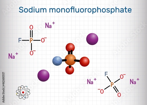Sodium monofluorophosphate, MFP, Na2PO3F molecule. It is inorganic phosphate, antibacterial agent, protect against cavities. Structural chemical formula, molecule model. Sheet of paper in a cage.Vecto