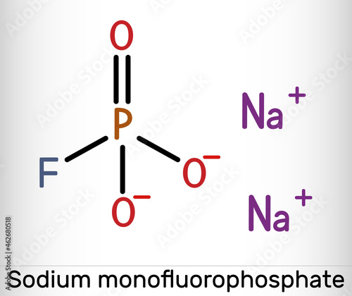 Sodium monofluorophosphate, MFP, Na2PO3F molecule. It is inorganic phosphate, antibacterial agent, protect against cavities. Skeletal chemical formula