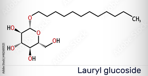 Lauryl glucoside, dodecyl glucoside molecule. It is non-ionic surfactant used in cosmetics and laundry detergents. Skeletal chemical formula