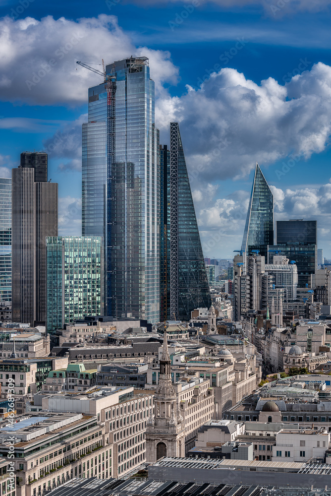 Obraz premium Shiny glass and iron skyscrapers of the City of London shot from the top of the Saint Paul's Cathedral