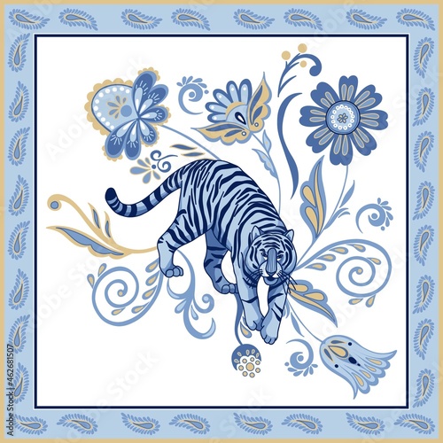 Blue nordic tiger in ornamental frame with abstract asian floral elements.  Abstract oriental paisley flowers